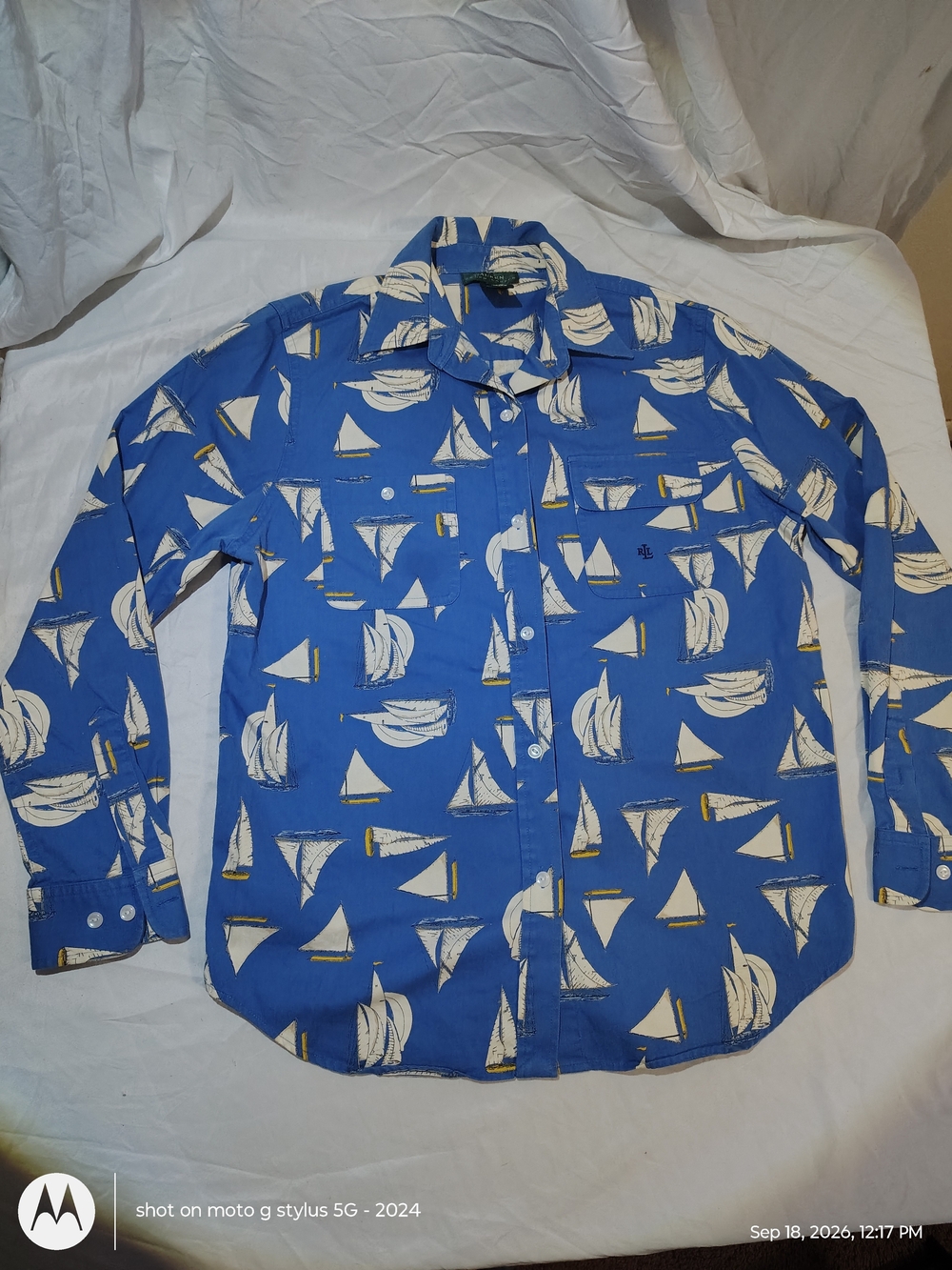 Lauren Ralph Lauren Men's M Blue Sailboat Cotton Button-Up Shirt